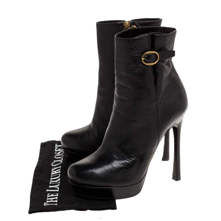 Pre Owned Saint Laurent Paris Black Leather Platform Ankle Boots Size 39