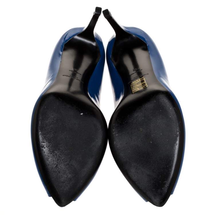 Pre Owned Saint Laurent Blue Patent Leather Escarpin Peep Toe Pumps Size 40