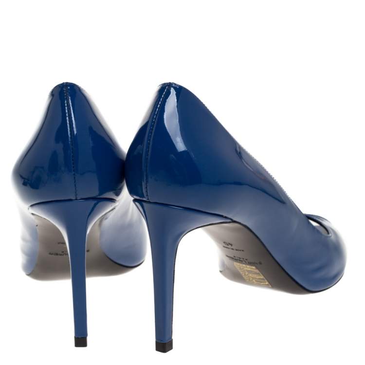 Pre Owned Saint Laurent Blue Patent Leather Escarpin Peep Toe Pumps Size 40