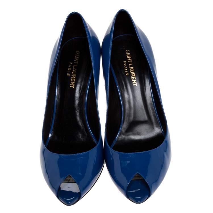 Pre Owned Saint Laurent Blue Patent Leather Escarpin Peep Toe Pumps Size 40