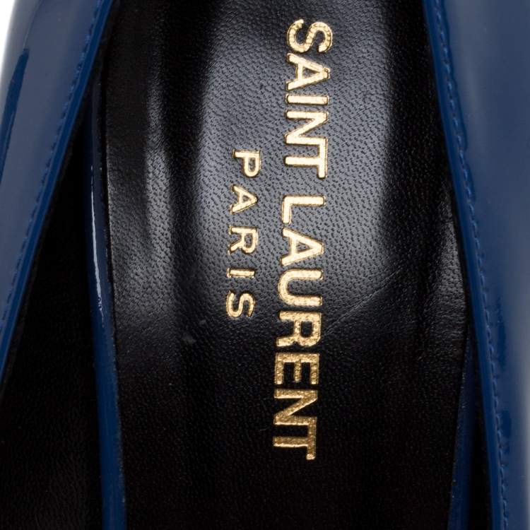 Pre Owned Saint Laurent Blue Patent Leather Escarpin Peep Toe Pumps Size 40
