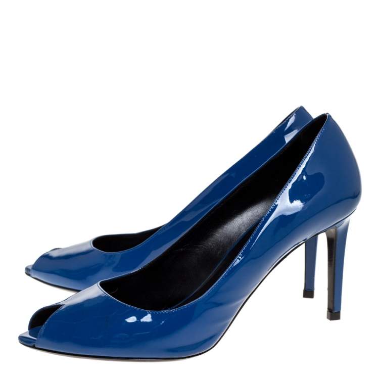 Pre Owned Saint Laurent Blue Patent Leather Escarpin Peep Toe Pumps Size 40