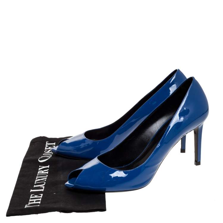 Pre Owned Saint Laurent Blue Patent Leather Escarpin Peep Toe Pumps Size 40