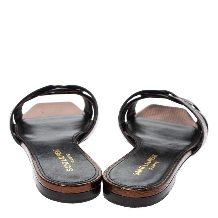 Pre Owned Saint Laurent Paris Bronze Snake Embossed Leather Tribute Flat Slides Size 37