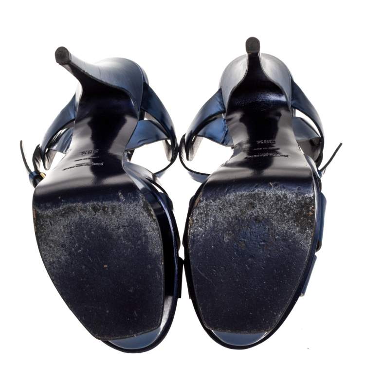 Pre Owned Saint Laurent Paris Metallic Dark Blue Leather Tribute Platform Sandals Size 38.5