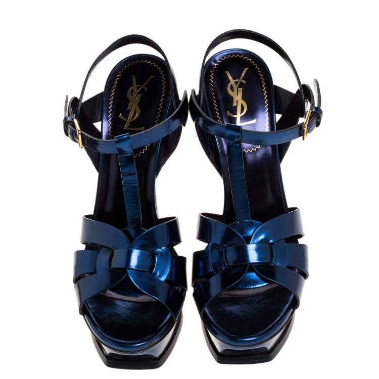 Pre Owned Saint Laurent Paris Metallic Dark Blue Leather Tribute Platform Sandals Size 38.5