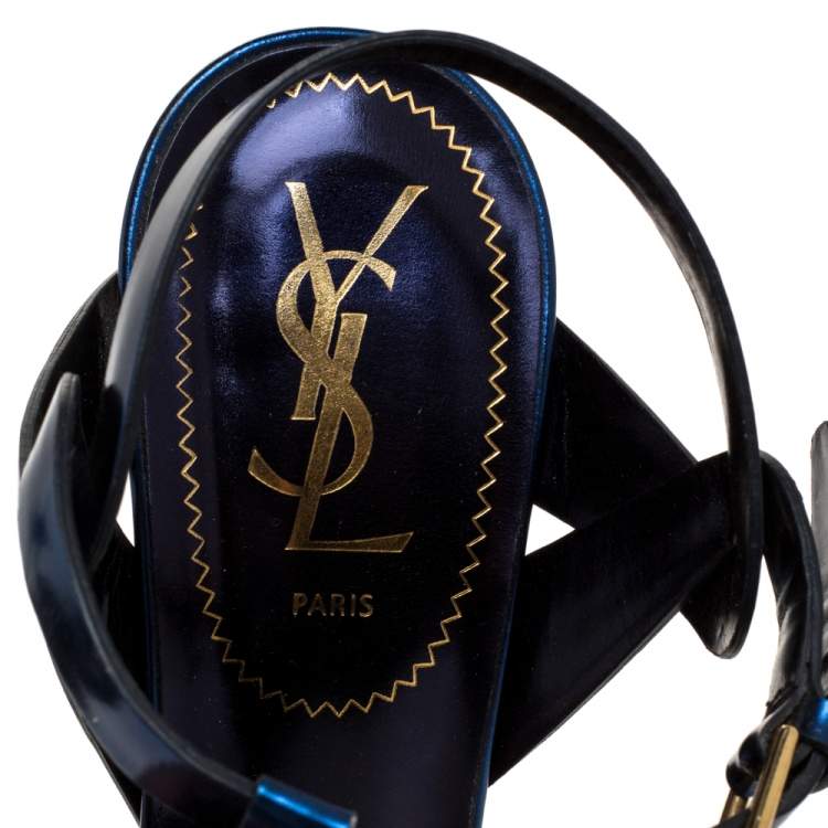 Pre Owned Saint Laurent Paris Metallic Dark Blue Leather Tribute Platform Sandals Size 38.5