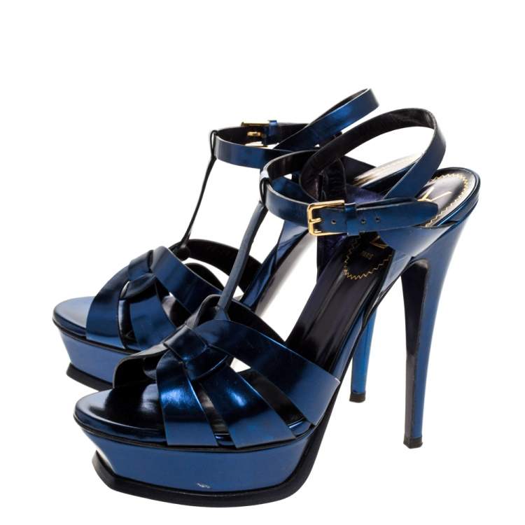 Pre Owned Saint Laurent Paris Metallic Dark Blue Leather Tribute Platform Sandals Size 38.5
