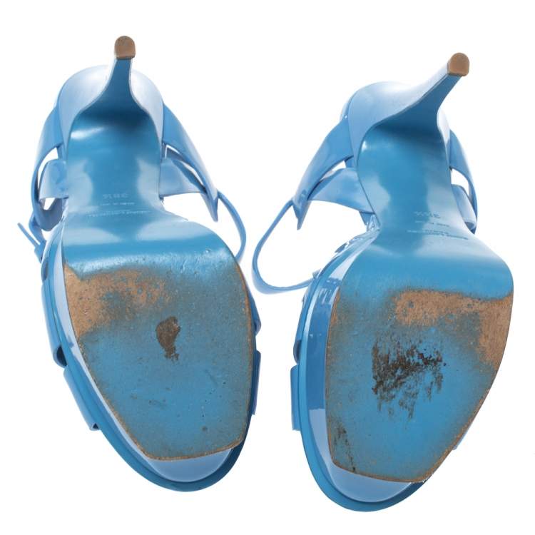 Pre Owned Saint Laurent Paris Blue Patent Leather Tribute Platform Sandals Size 38.5