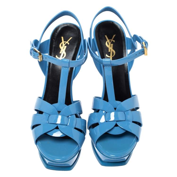 Pre Owned Saint Laurent Paris Blue Patent Leather Tribute Platform Sandals Size 38.5