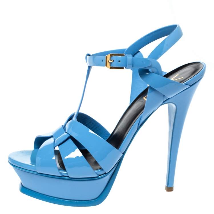 Pre Owned Saint Laurent Paris Blue Patent Leather Tribute Platform Sandals Size 38.5
