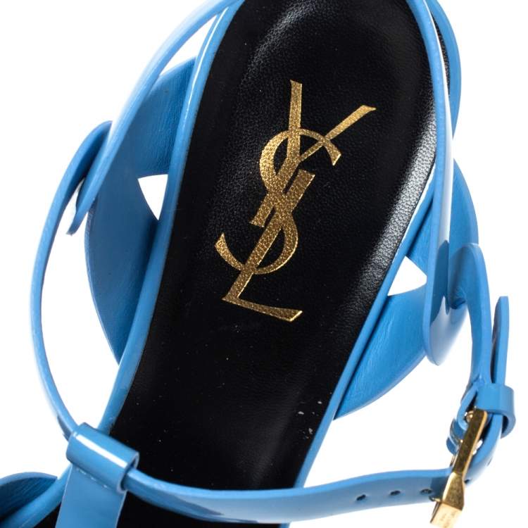 Pre Owned Saint Laurent Paris Blue Patent Leather Tribute Platform Sandals Size 38.5