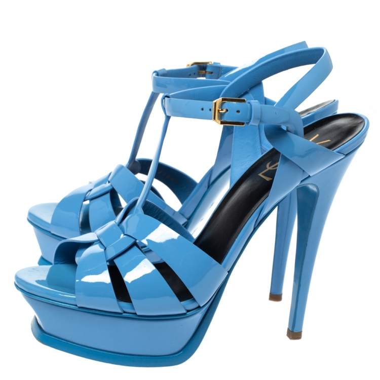 Pre Owned Saint Laurent Paris Blue Patent Leather Tribute Platform Sandals Size 38.5