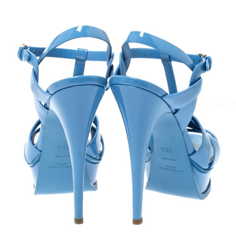 Pre Owned Saint Laurent Paris Blue Patent Leather Tribute Platform Sandals Size 38.5