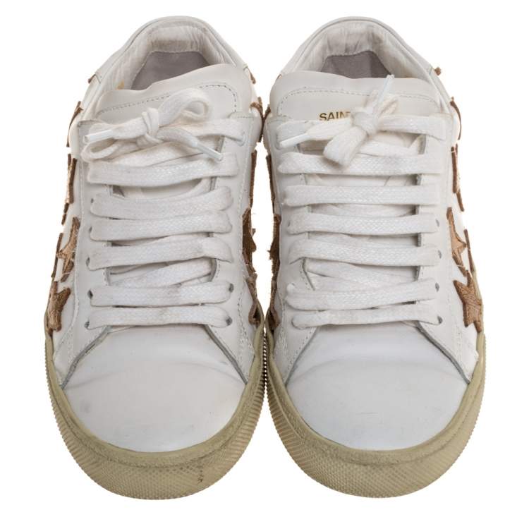Pre Owned Saint Laurent Paris White/Gold Leather Star Alpha Low Top Sneakers Size 36