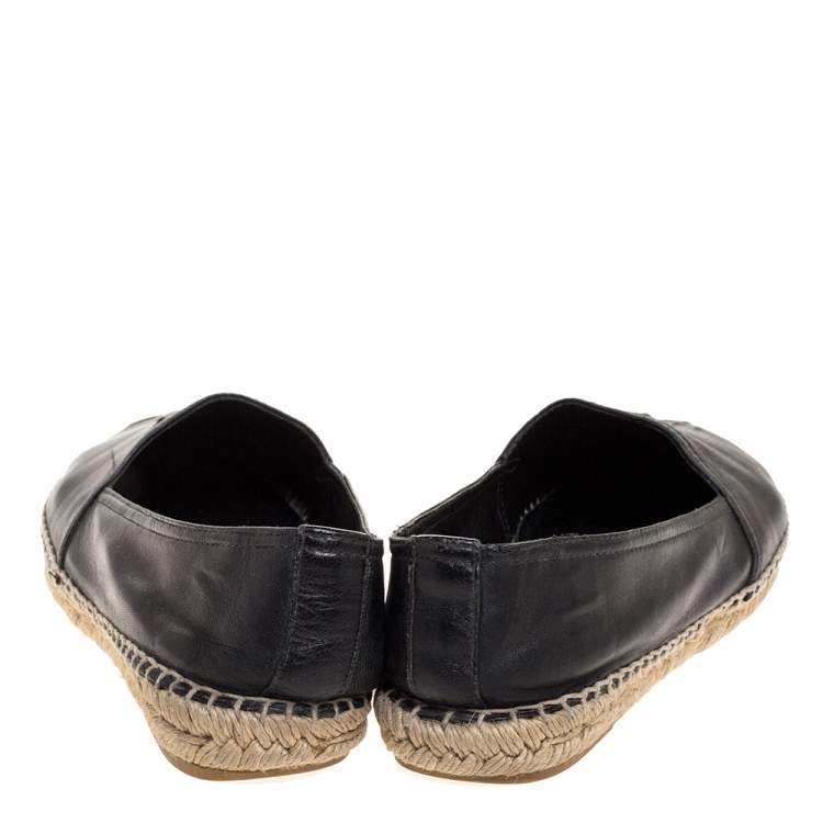 Pre Owned Saint Laurent Paris Black Leather Logo Embossed Espadrille Flats Size 37.5