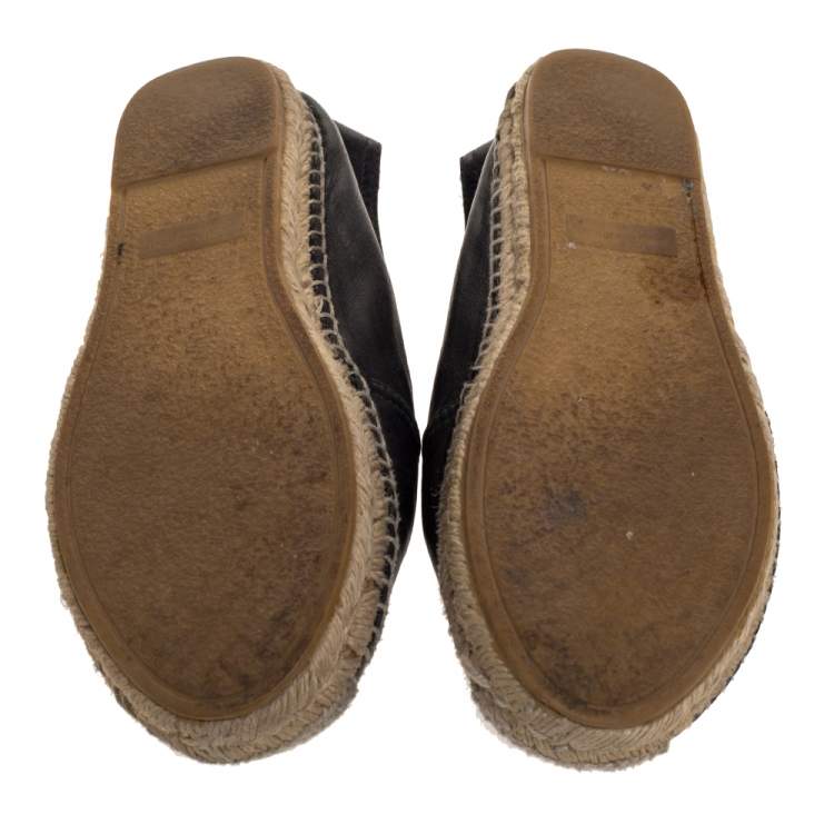 Pre Owned Saint Laurent Paris Black Leather Logo Embossed Espadrille Flats Size 37.5
