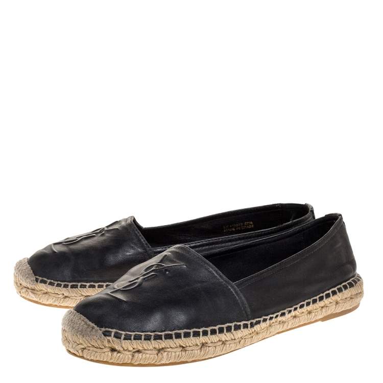 Pre Owned Saint Laurent Paris Black Leather Logo Embossed Espadrille Flats Size 37.5
