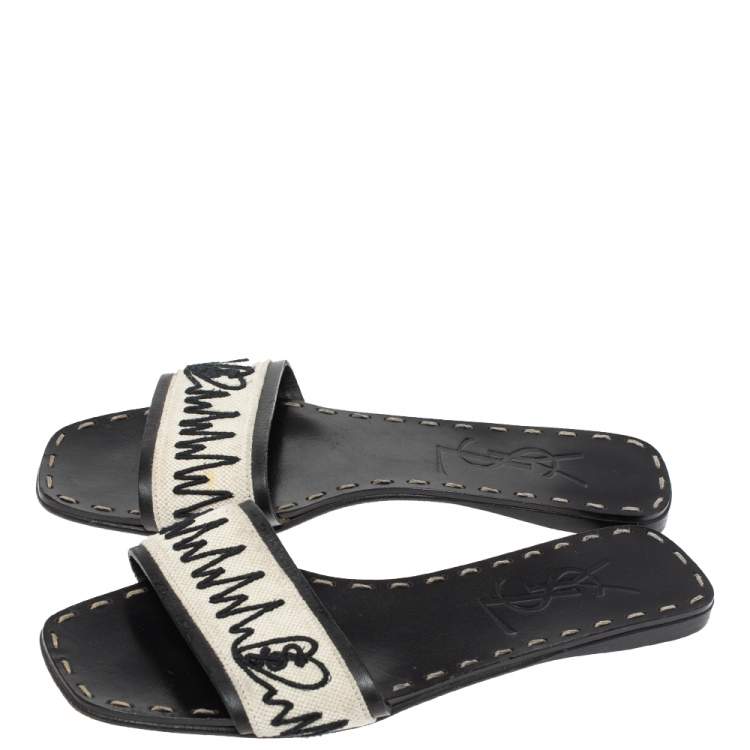 Pre Owned Saint Laurent Paris White/Leather Canvas And Leather Heartbeat Flat Slides Size 35.5
