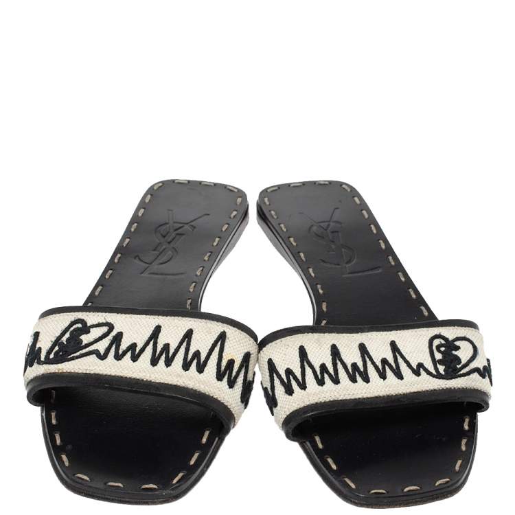 Pre Owned Saint Laurent Paris White/Leather Canvas And Leather Heartbeat Flat Slides Size 35.5