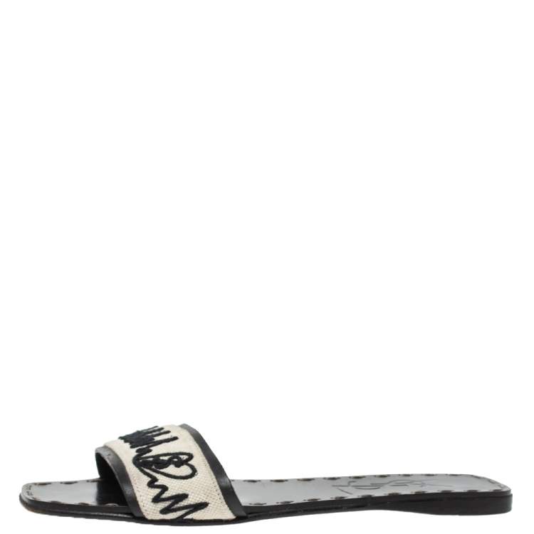 Pre Owned Saint Laurent Paris White/Leather Canvas And Leather Heartbeat Flat Slides Size 35.5