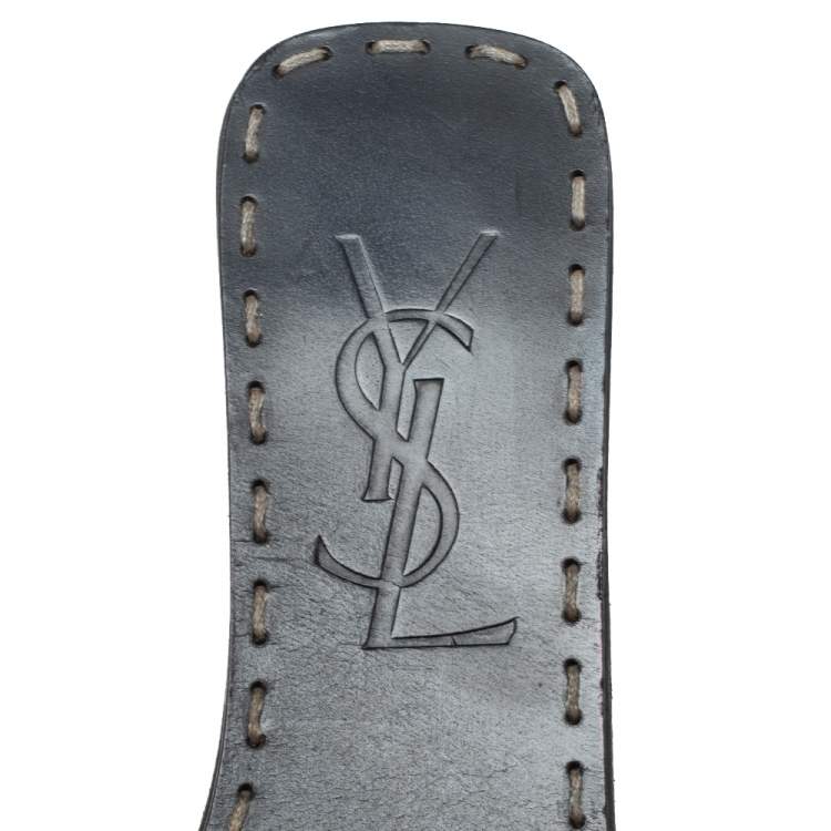 Pre Owned Saint Laurent Paris White/Leather Canvas And Leather Heartbeat Flat Slides Size 35.5