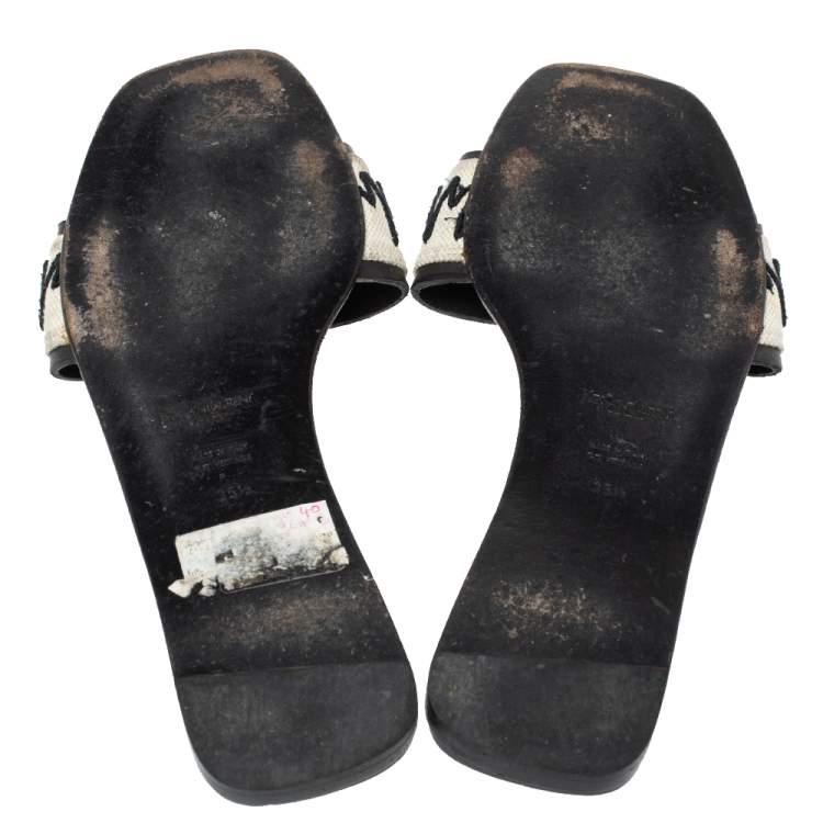 Pre Owned Saint Laurent Paris White/Leather Canvas And Leather Heartbeat Flat Slides Size 35.5