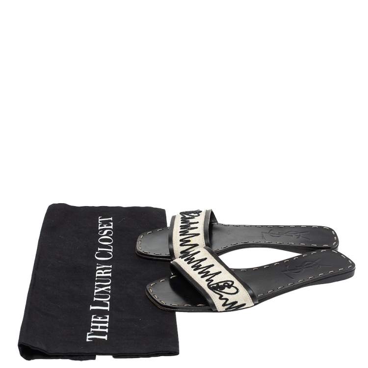 Pre Owned Saint Laurent Paris White/Leather Canvas And Leather Heartbeat Flat Slides Size 35.5