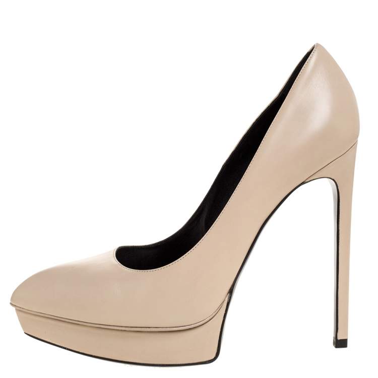 Pre Owned Saint Laurent Paris Off-White Leather Janis Pointed Toe Platform Pumps Size 38.5