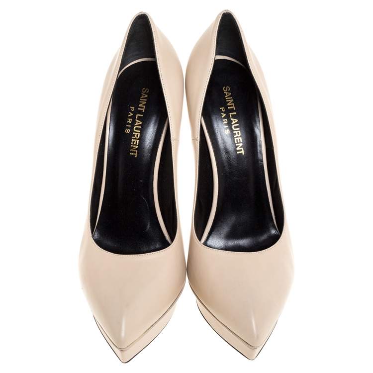 Pre Owned Saint Laurent Paris Off-White Leather Janis Pointed Toe Platform Pumps Size 38.5