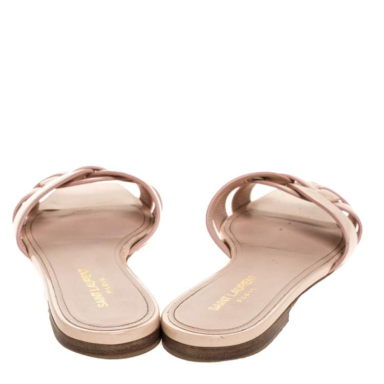 Pre Owned Saint Laurent Paris Beige Patent Leather Tribute Flats 38