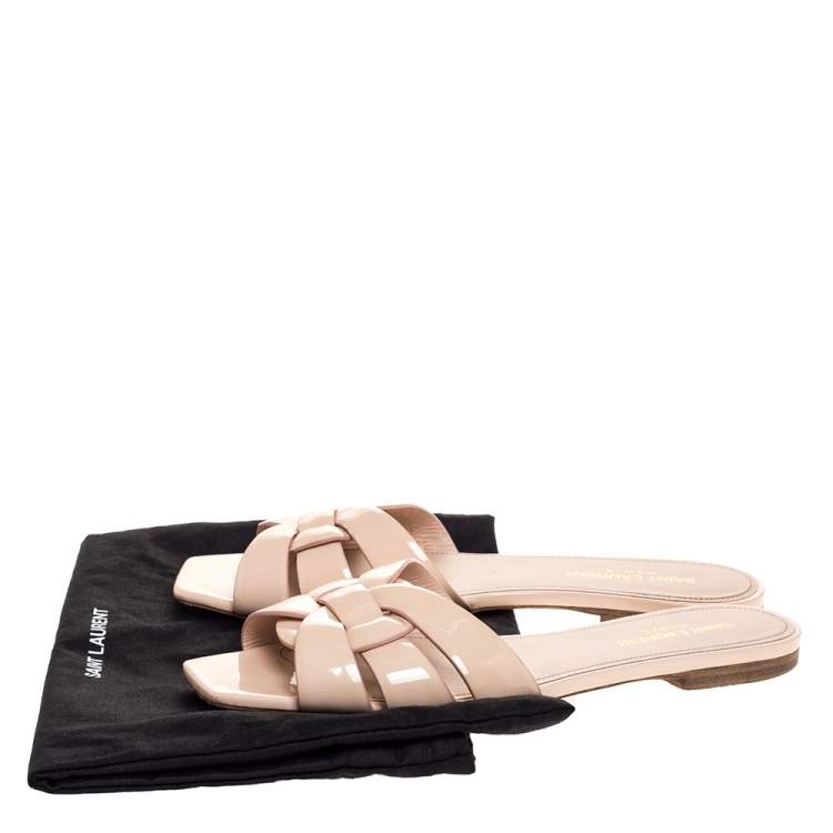 Pre Owned Saint Laurent Paris Beige Patent Leather Tribute Flats 38