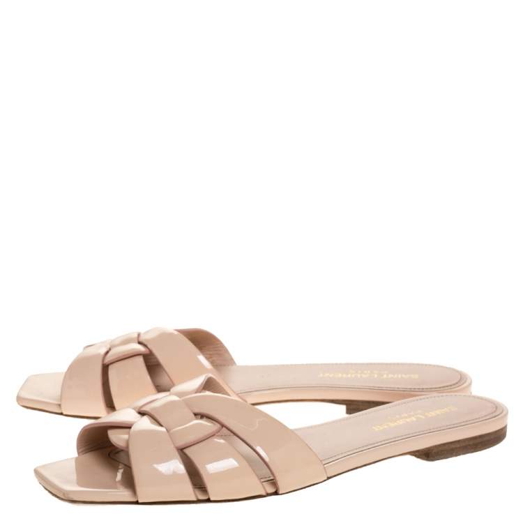 Pre Owned Saint Laurent Paris Beige Patent Leather Tribute Flats 38