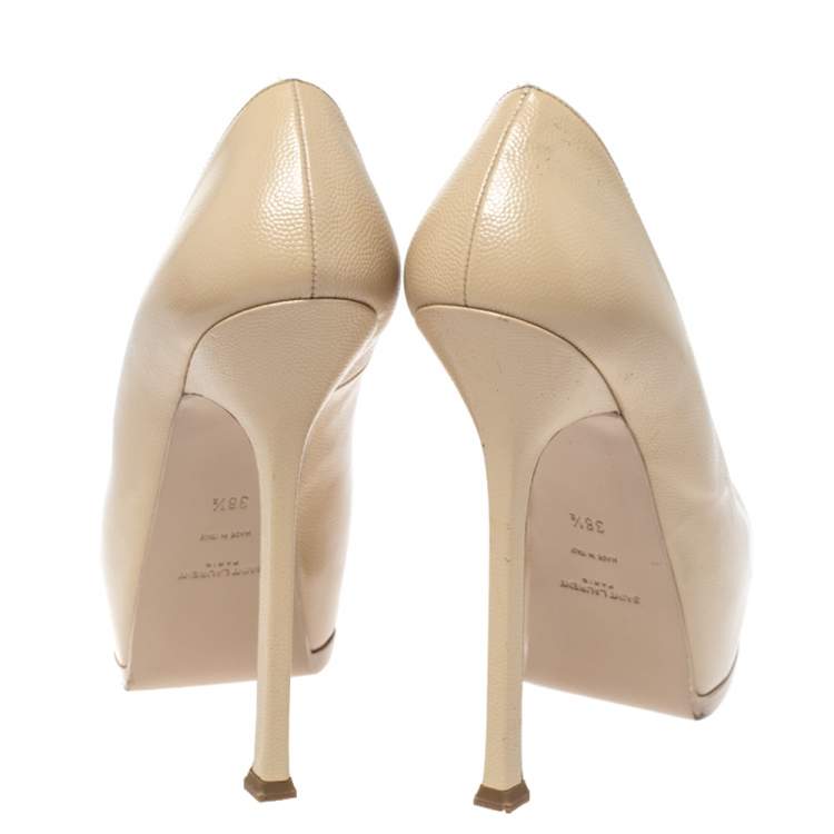 Pre Owned Saint Laurent Beige Leather Tribtoo Platform Pumps Size 38.5