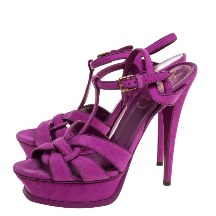 Pre Owned Saint Laurent Paris Fuchsia Suede Tribute Platform Sandals Size 39.5