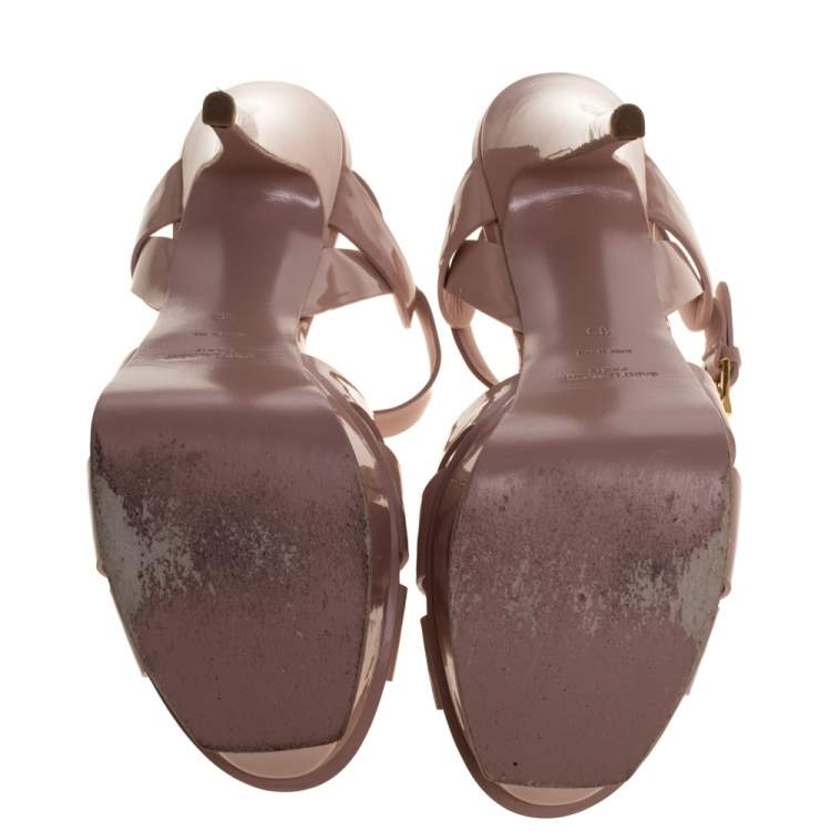 Pre Owned Saint Laurent Paris Beige Patent Leather Tribute Platform Sandals Size 39