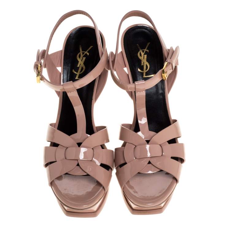 Pre Owned Saint Laurent Paris Beige Patent Leather Tribute Platform Sandals Size 39