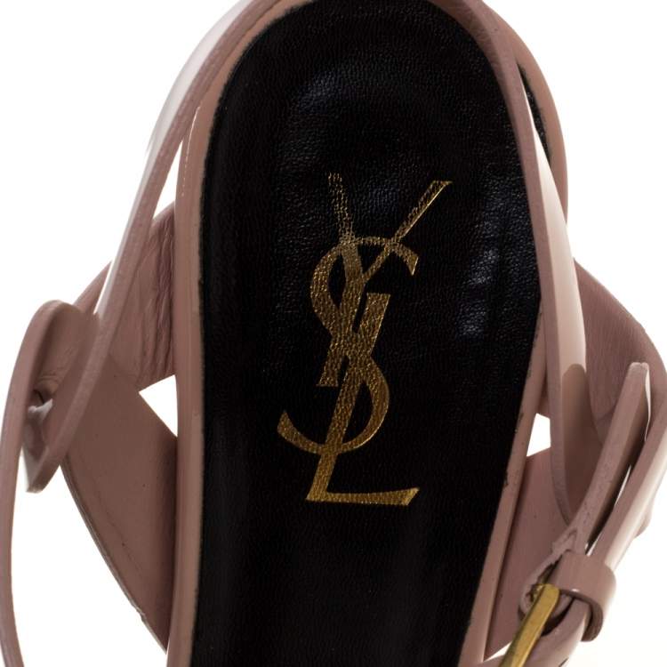 Pre Owned Saint Laurent Paris Beige Patent Leather Tribute Platform Sandals Size 39