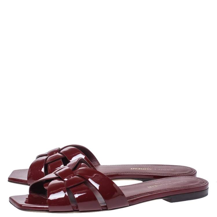 Pre Owned Saint Laurent Paris Red Patent Leather Tribute Flat Slides Size 36