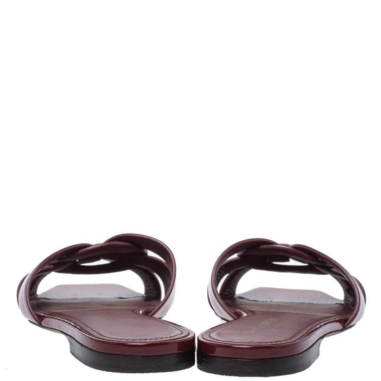 Pre Owned Saint Laurent Paris Red Patent Leather Tribute Flat Slides Size 36