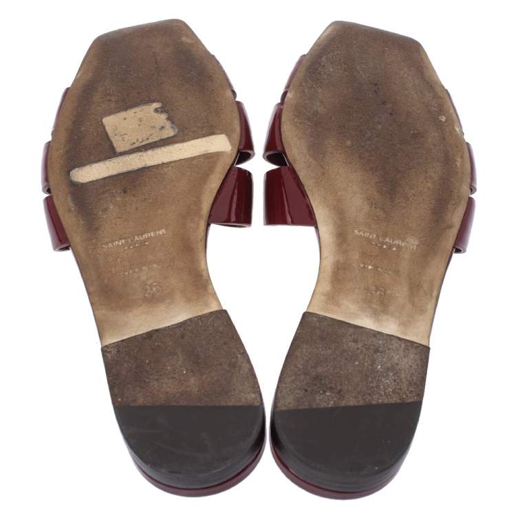 Pre Owned Saint Laurent Paris Red Patent Leather Tribute Flat Slides Size 36