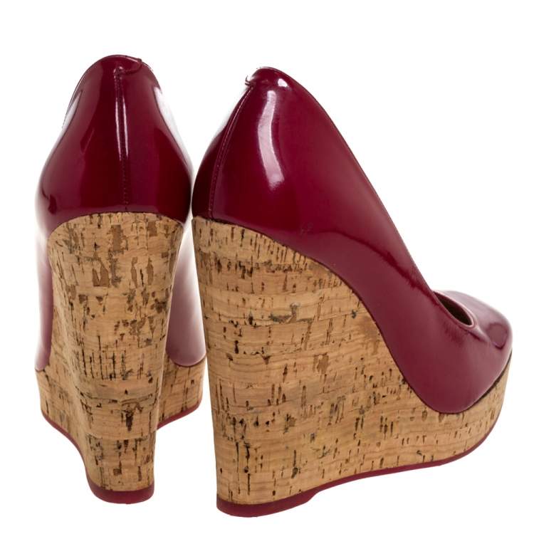 Pre Owned Saint Laurent Paris Red Patent Leather Wedge Pumps Size 37