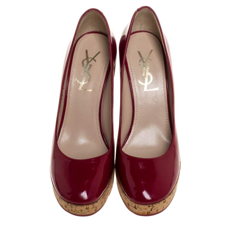 Pre Owned Saint Laurent Paris Red Patent Leather Wedge Pumps Size 37