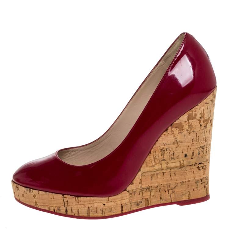 Pre Owned Saint Laurent Paris Red Patent Leather Wedge Pumps Size 37