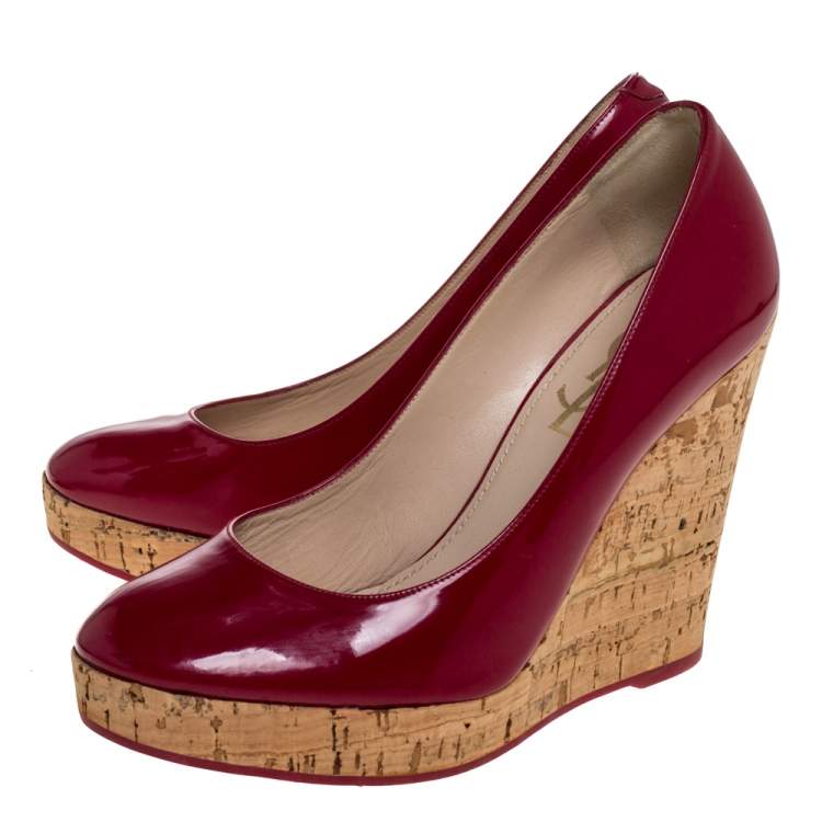 Pre Owned Saint Laurent Paris Red Patent Leather Wedge Pumps Size 37