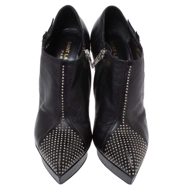 Pre Owned Saint Laurent Paris Black Studded Leather Pointed Toe Platform Ankle Boots Size 38