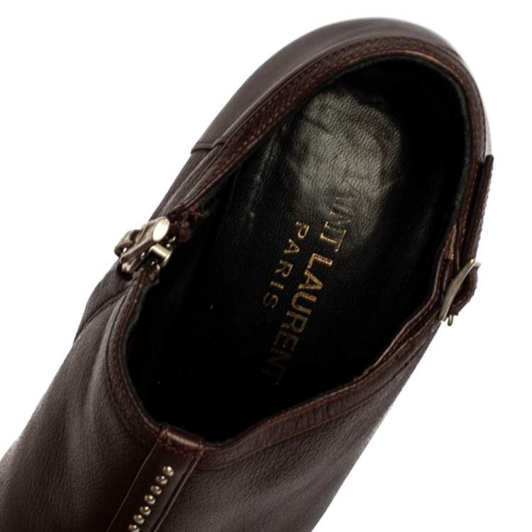Pre Owned Saint Laurent Paris Brown Leather Studded Platform Ankle Booties Size 36