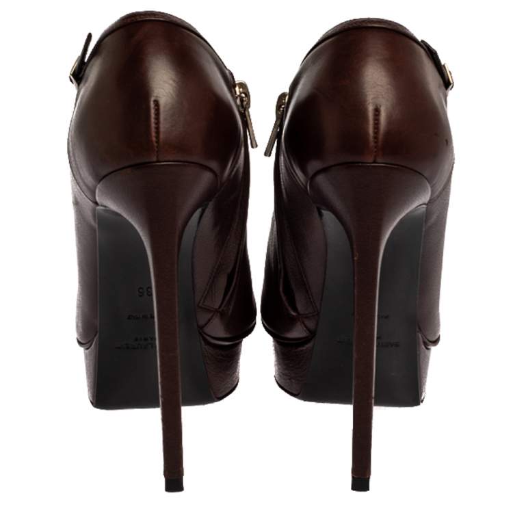 Pre Owned Saint Laurent Paris Brown Leather Studded Platform Ankle Booties Size 36