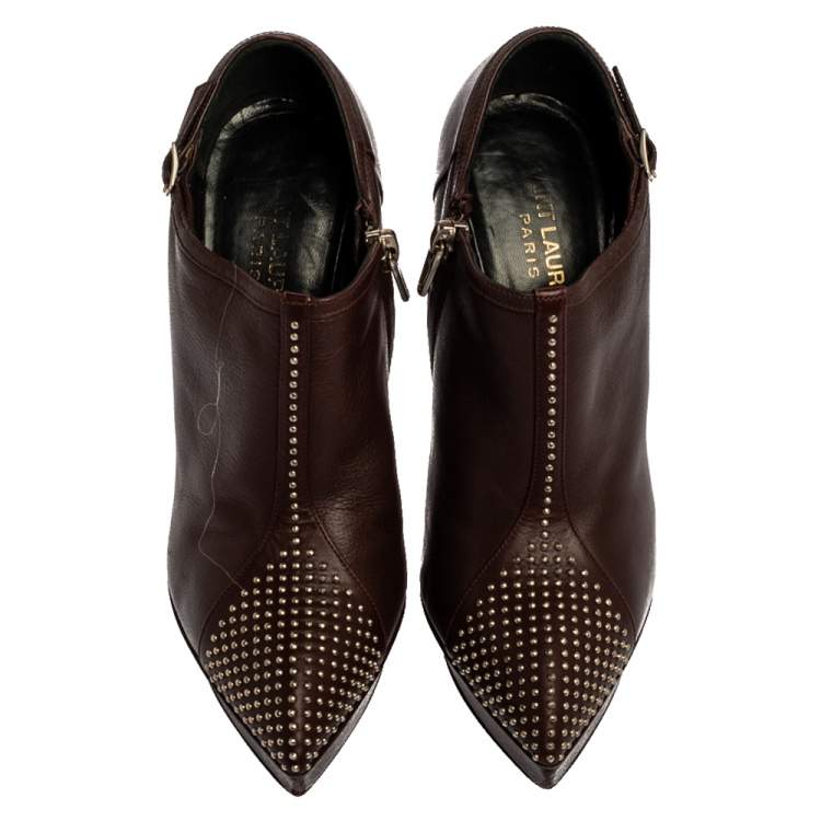 Pre Owned Saint Laurent Paris Brown Leather Studded Platform Ankle Booties Size 36
