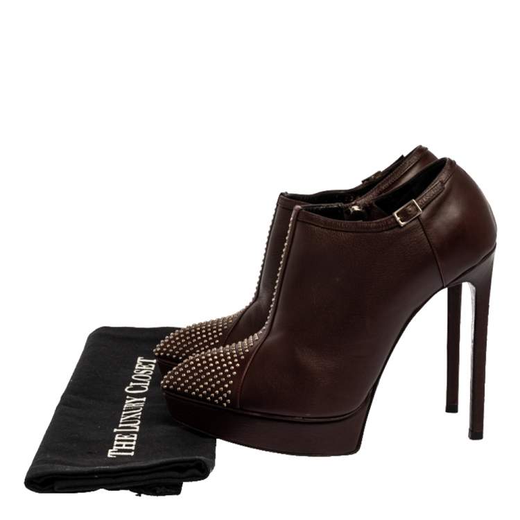 Pre Owned Saint Laurent Paris Brown Leather Studded Platform Ankle Booties Size 36
